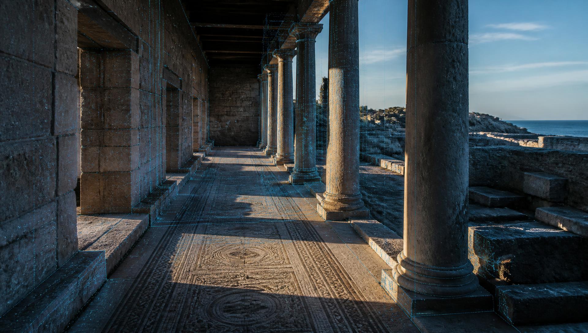 Colonnade of a Mediterranean archaeological site overlaid with digital measurement lines